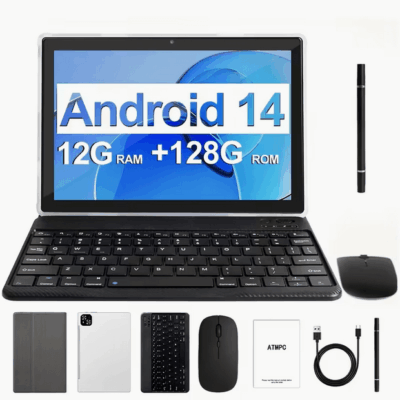10.1″ Android 14 Tablet – 12GB RAM, 128GB Storage, 2-in-1 with Keyboard & Mouse, WiFi 6